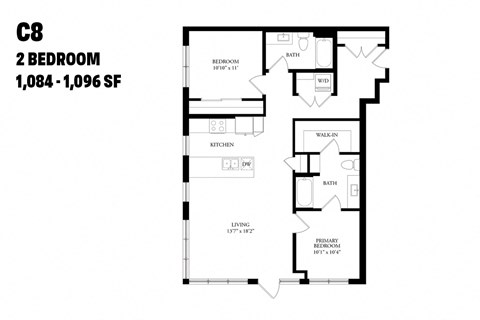 Floor plan for 2 beds, 2 baths, 1084 sqft